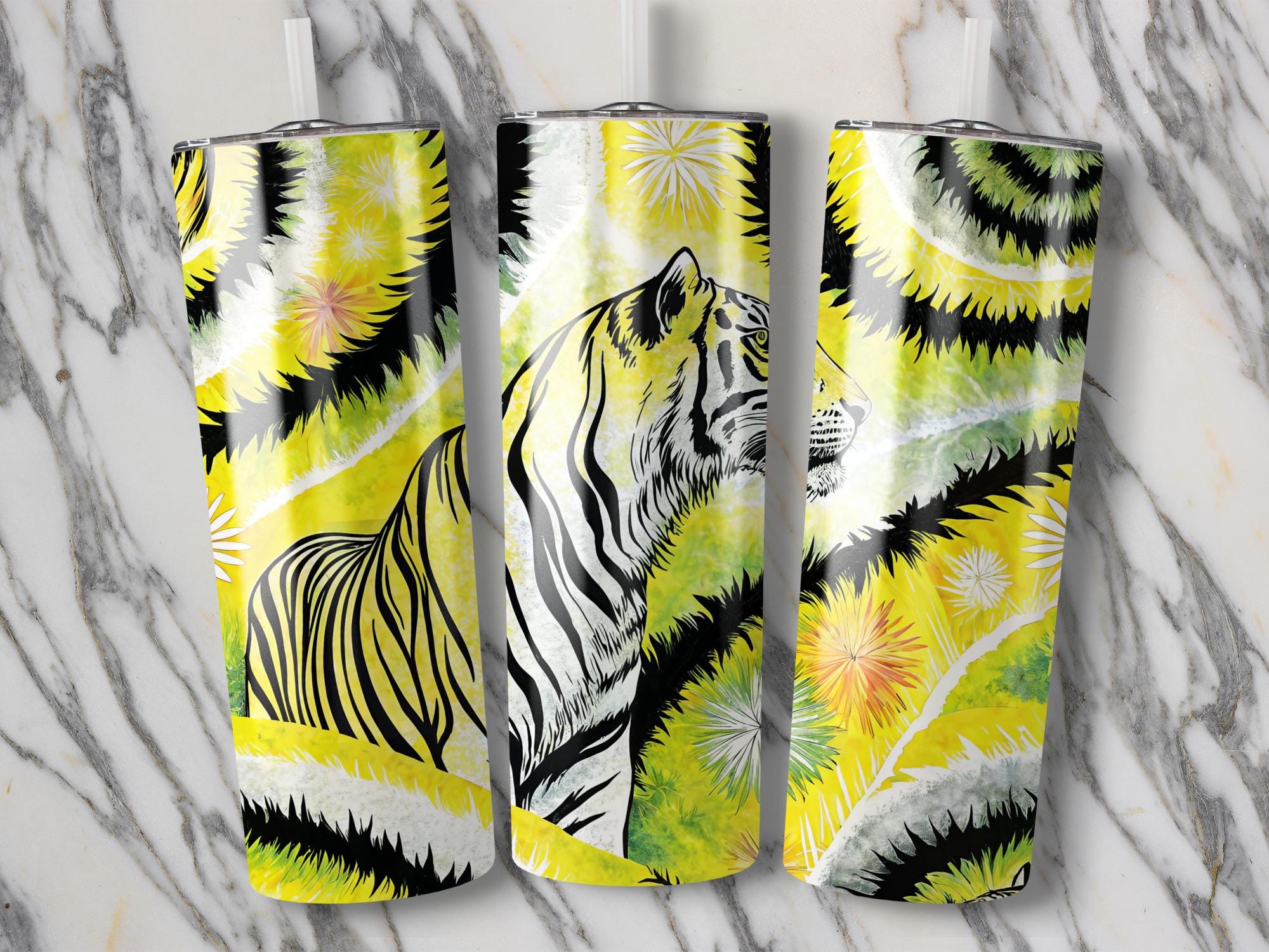 Yellow Tiger Tumbler Wrap PNG: Floral Sublimation Design (Digital Download, 20 oz Tumbler)