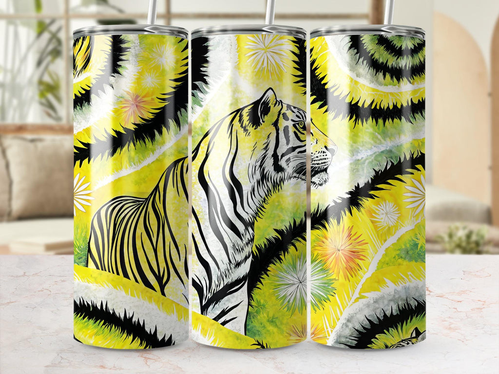 Yellow Tiger Tumbler Wrap PNG: Floral Sublimation Design (Digital Download, 20 oz Tumbler)