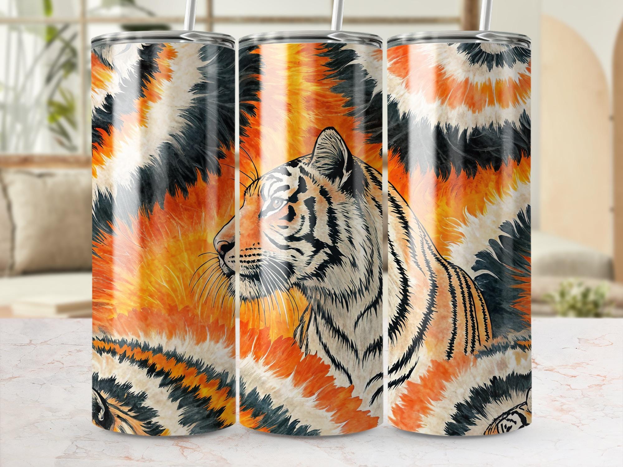 Tiger Tumbler Wrap PNG, Orange Black Watercolor Animal Print 20 oz Sublimation Skinny Tumbler Wrap, Digital Download Design