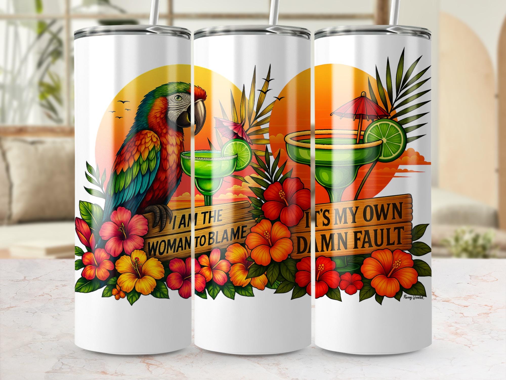 Parrot Margarita Tumbler Wrap: Funny Hibiscus Sublimation Design (Digital Download)