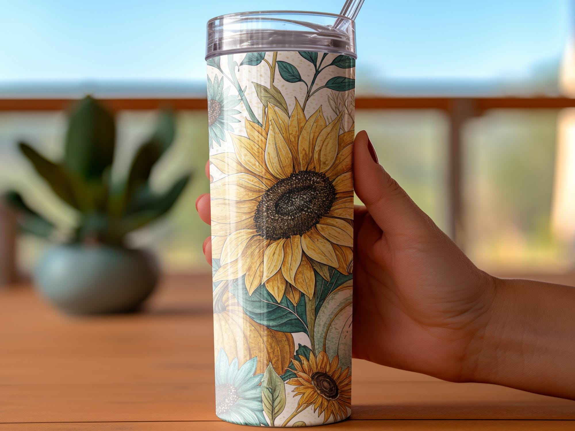 Sunflower Pumpkin Tumbler Wrap: Fall Floral 20oz Skinny Tumbler PNG (Digital Download)