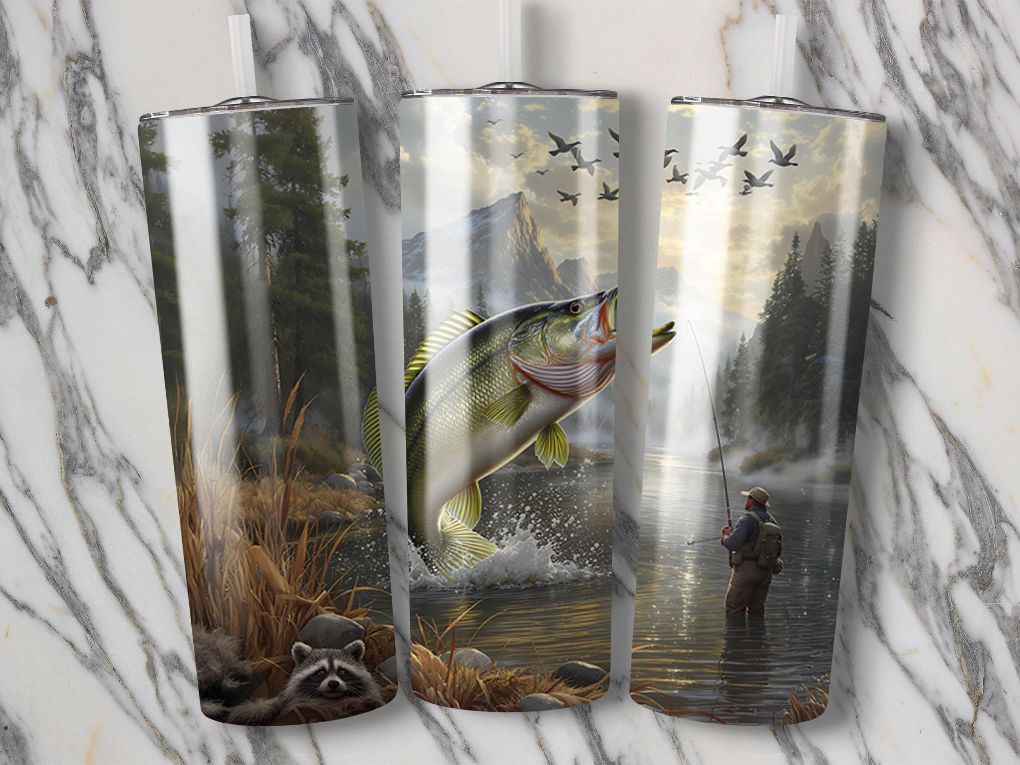 Bass Fishing Tumbler Wrap: Man Catching Fish PNG (Digital Download)