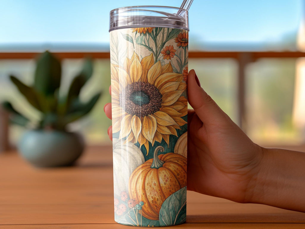 Sunflower Pumpkin Tumbler Wrap: Autumn Floral 20oz Skinny Tumbler PNG (Digital Download)