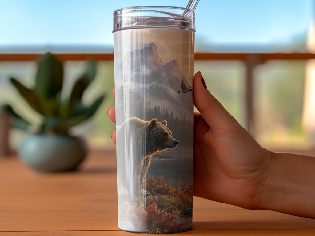 Grizzly Bear Mountain Lake Tumbler Wrap: Wildlife Scene (Digital Download)