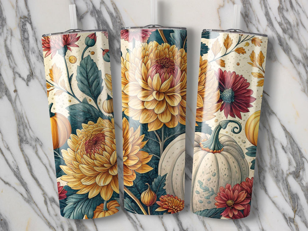 Floral Pumpkin Tumbler Wrap: Autumn Chrysanthemum PNG (Digital Download 20oz Tumbler Design)