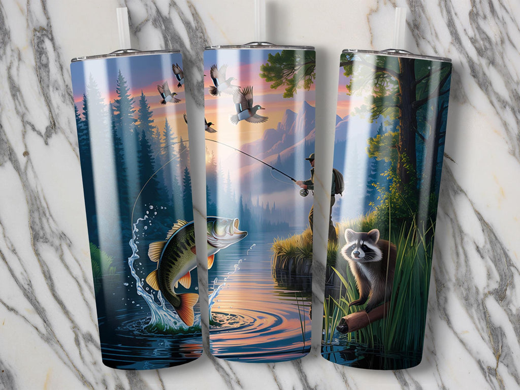 Fishing Tumbler Wrap: Bass, Ducks, Raccoon Sublimation Design (Digital Download)