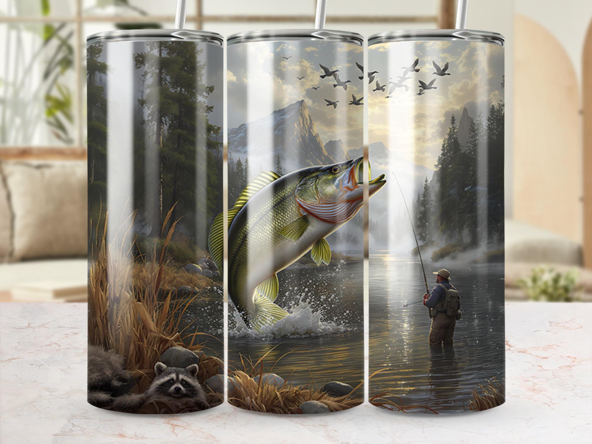 Bass Fishing Tumbler Wrap: Man Catching Fish PNG (Digital Download)