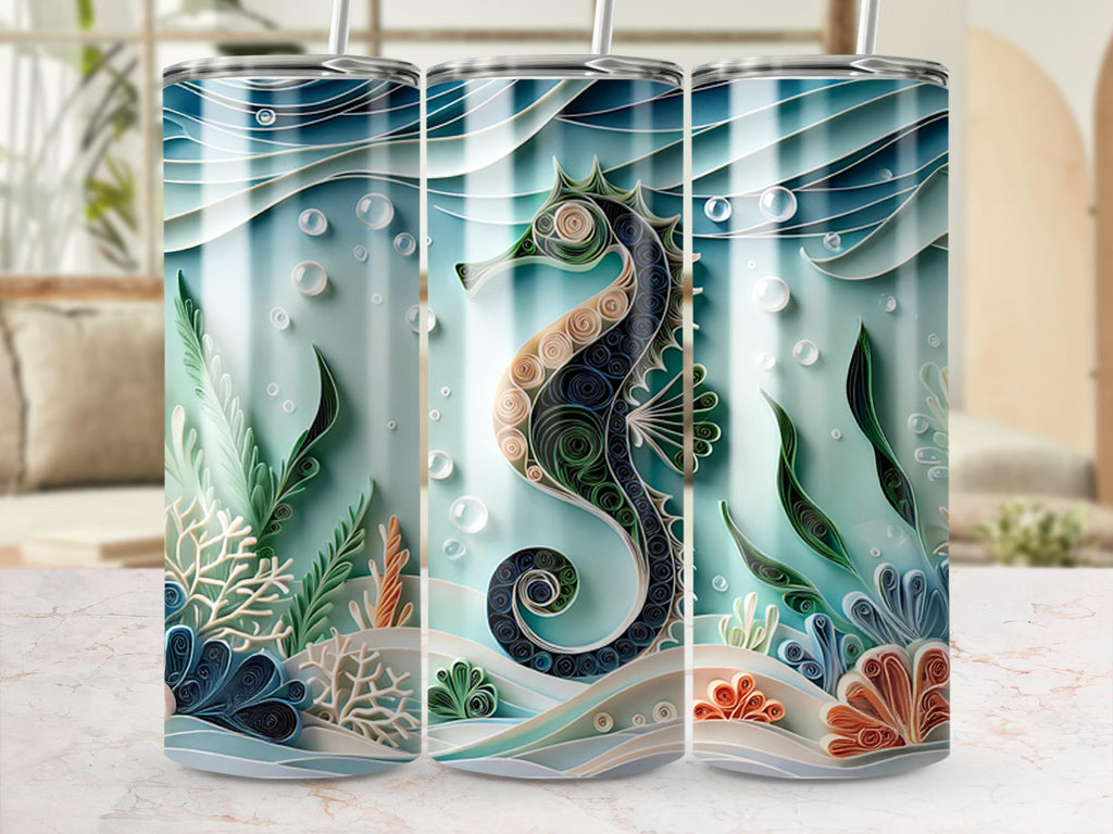 Seahorse Tumbler Wrap, 20oz Skinny Tumbler PNG, Paper Quilling, Ocean life Sublimation Designs, Sea Life Tumbler Wrap, Download