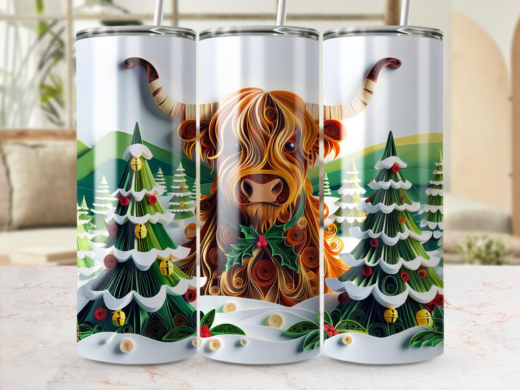 Highland Cow Tumbler Wrap: Christmas Bull Paper Quilling (Digital Download)