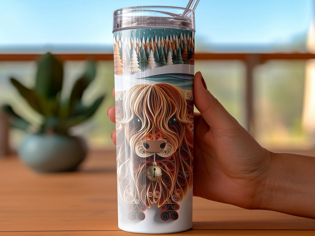 Highland Cow Tumbler Wrap: Winter Forest Quilling Art (Digital Download, 20oz PNGs)