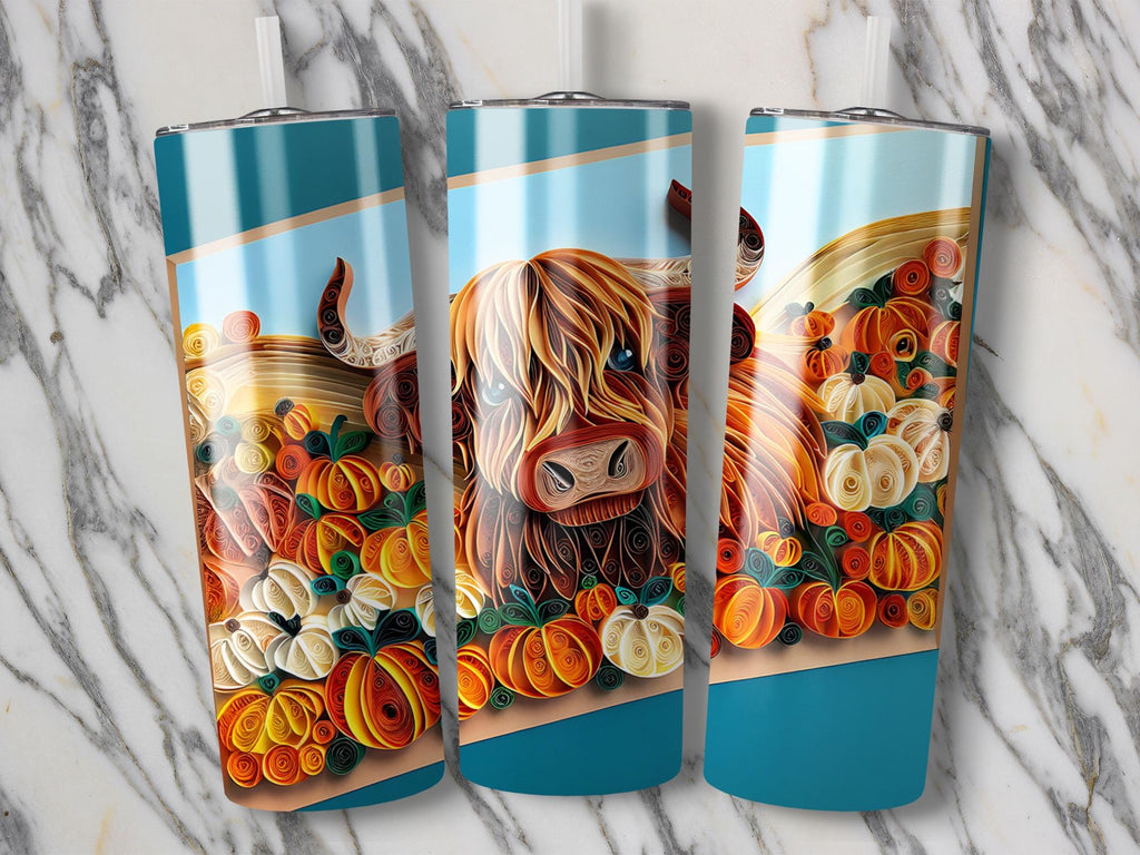 Highland Cow Tumbler Wrap: Fall Pumpkin Design (20 Oz Skinny Tumbler PNG Digital Download
