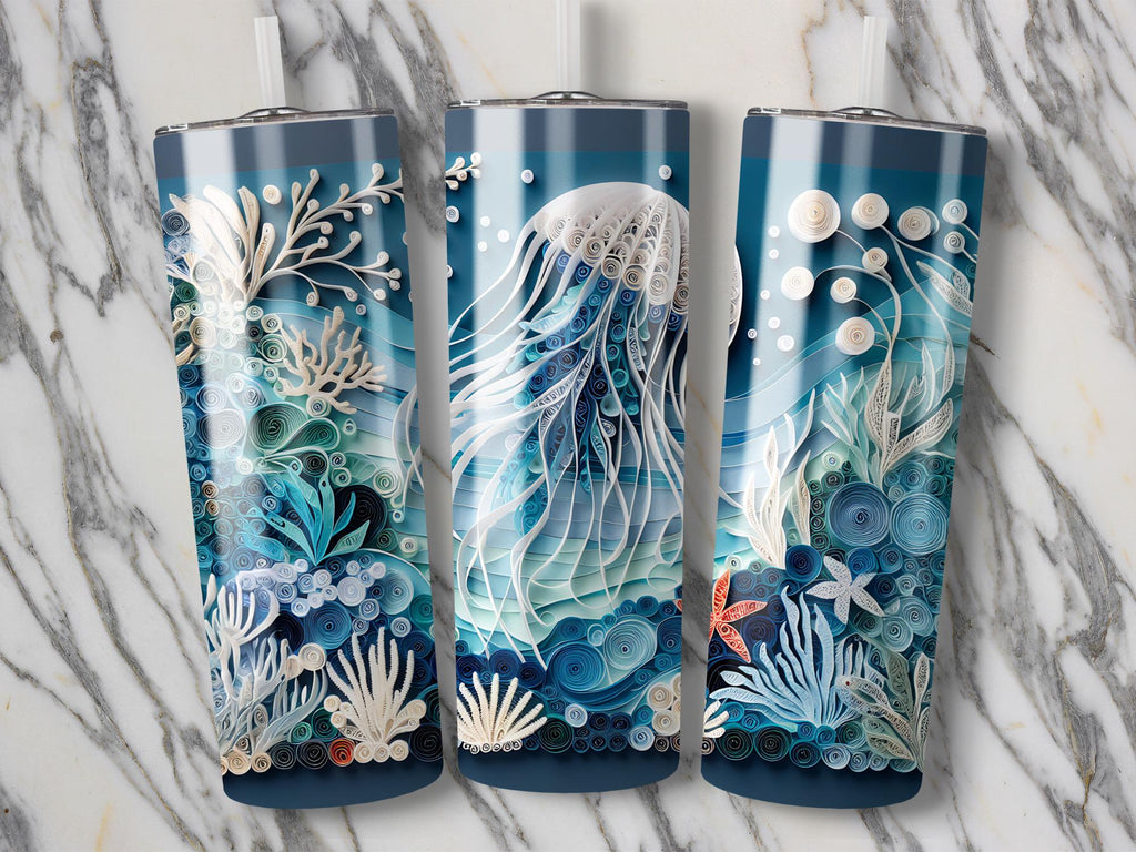 Jellyfish Tumbler Wrap: Quilled Paper Ocean Design (PNG Digital Download 20oz Tumbler)