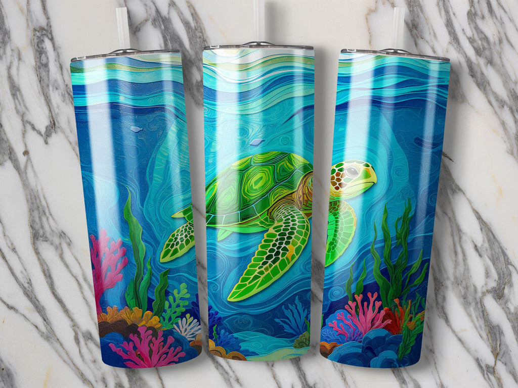 Sea Turtle Tumbler Wrap: Green Ocean Life Sublimation Design (Digital Download 20oz PNGs)