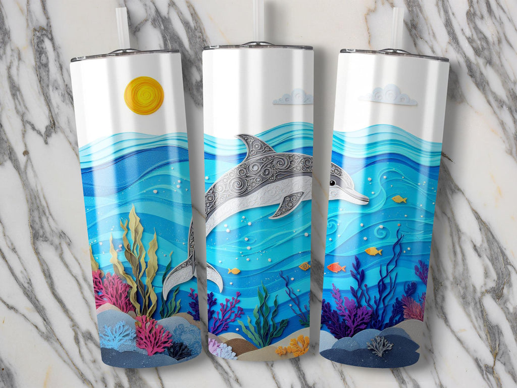 Dolphin Tumbler Wrap: Ocean Paper Quilling Design (20oz Skinny Tumbler PNG Digital Download