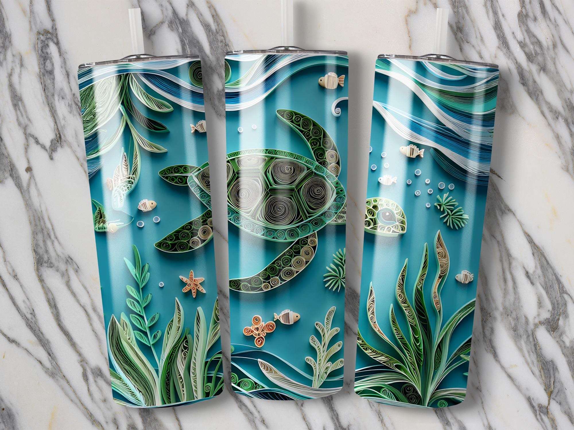 Sea Turtle Tumbler Wrap: Paper Quilling Ocean Design (Digital Download)