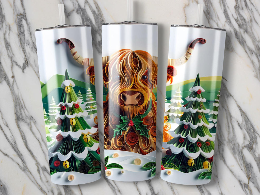 Highland Cow Tumbler Wrap: Christmas Bull Paper Quilling (Digital Download)