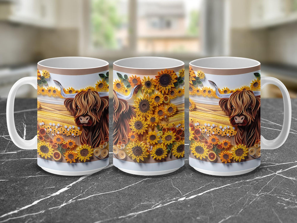 Highland Cow Mug Wrap: Sunflower Paper Quilling Design (PNG Digital Download 15oz Mug)
