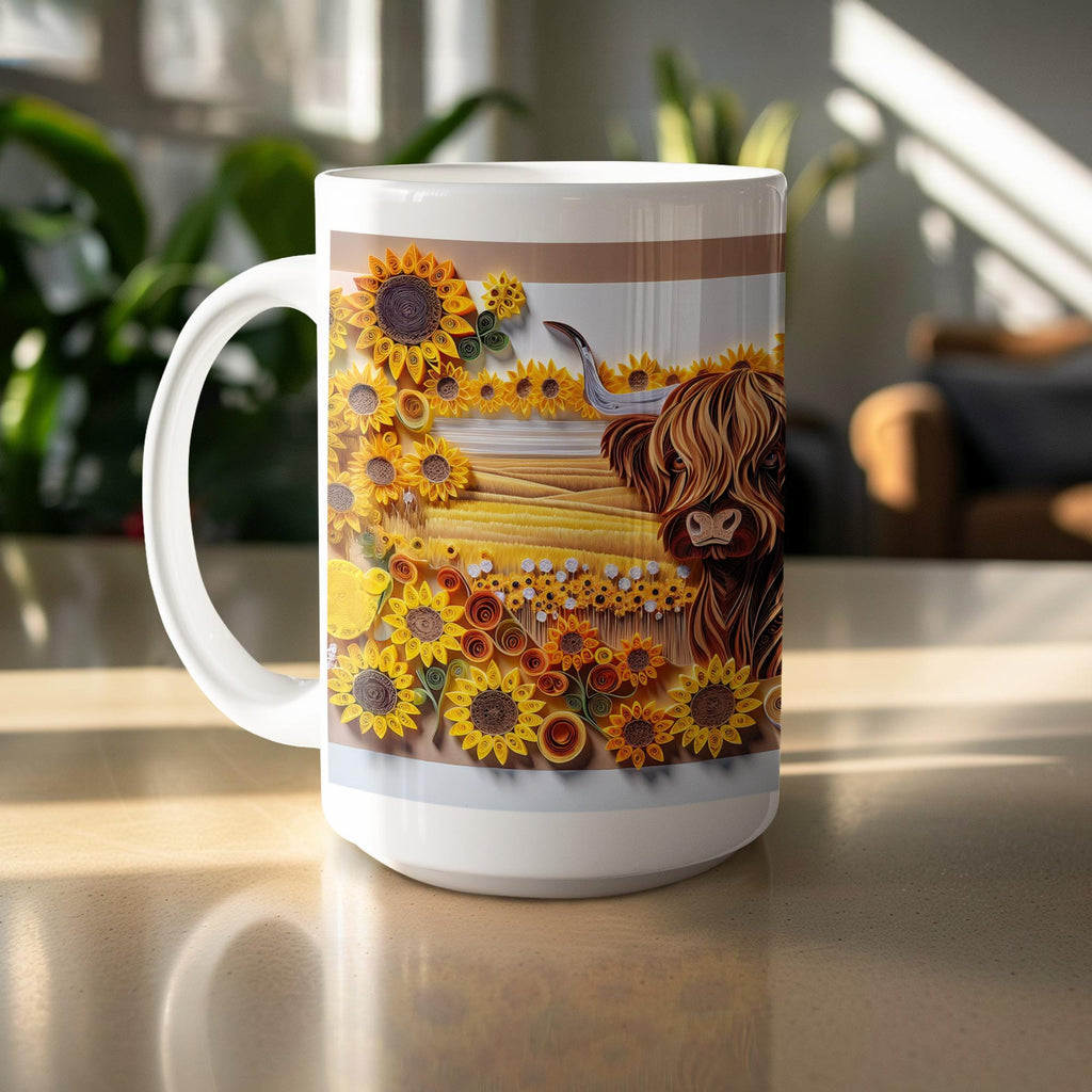 Highland Cow Mug Wrap: Sunflower Paper Quilling Design (PNG Digital Download 15oz Mug)