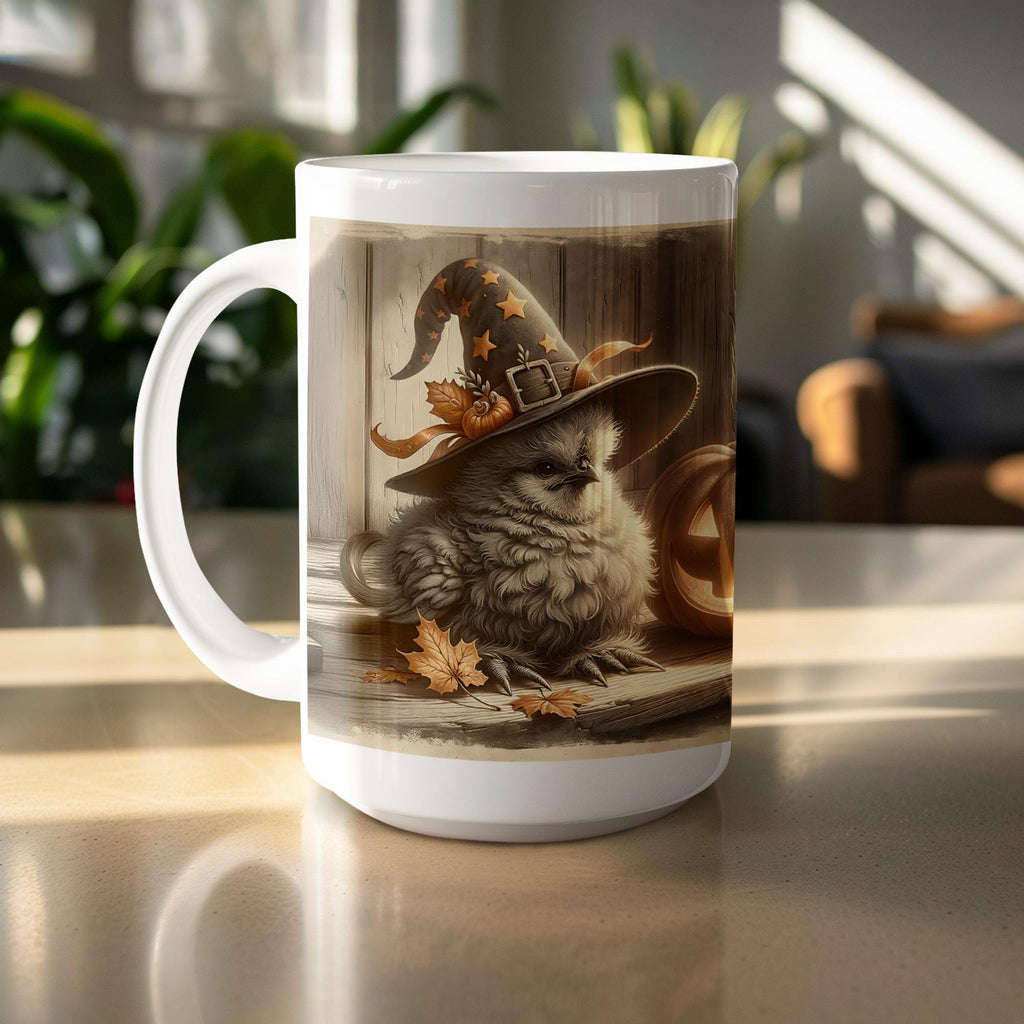 Halloween Chick Mug Wrap, 15oz Pumpkin Mug PNG, Spooky Sublimation Design, Witch Hat Art, Halloween Fall Wrap, Chicken Mug, Digital Download