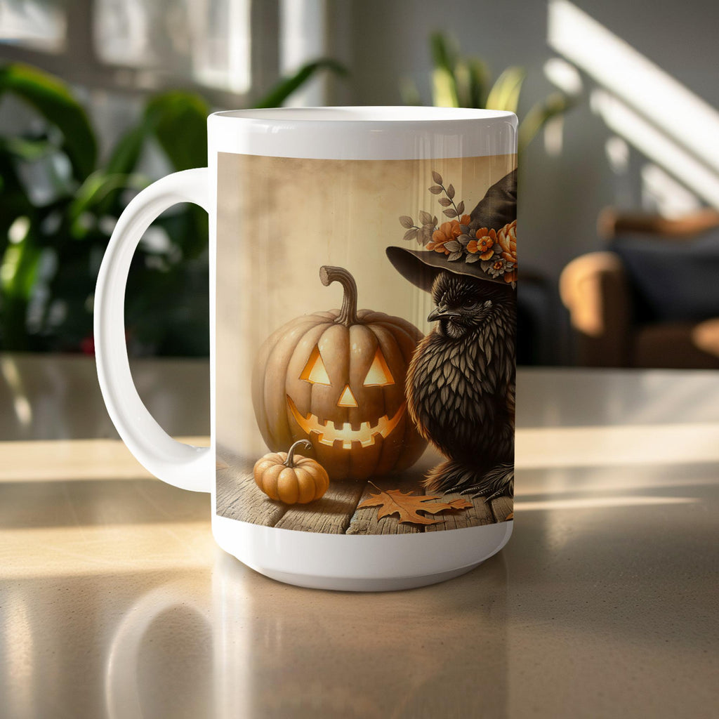 Halloween Chicken Mug Wrap: Silkie Witch, Pumpkin Design (Digital Download, 15oz Mug PNG File)