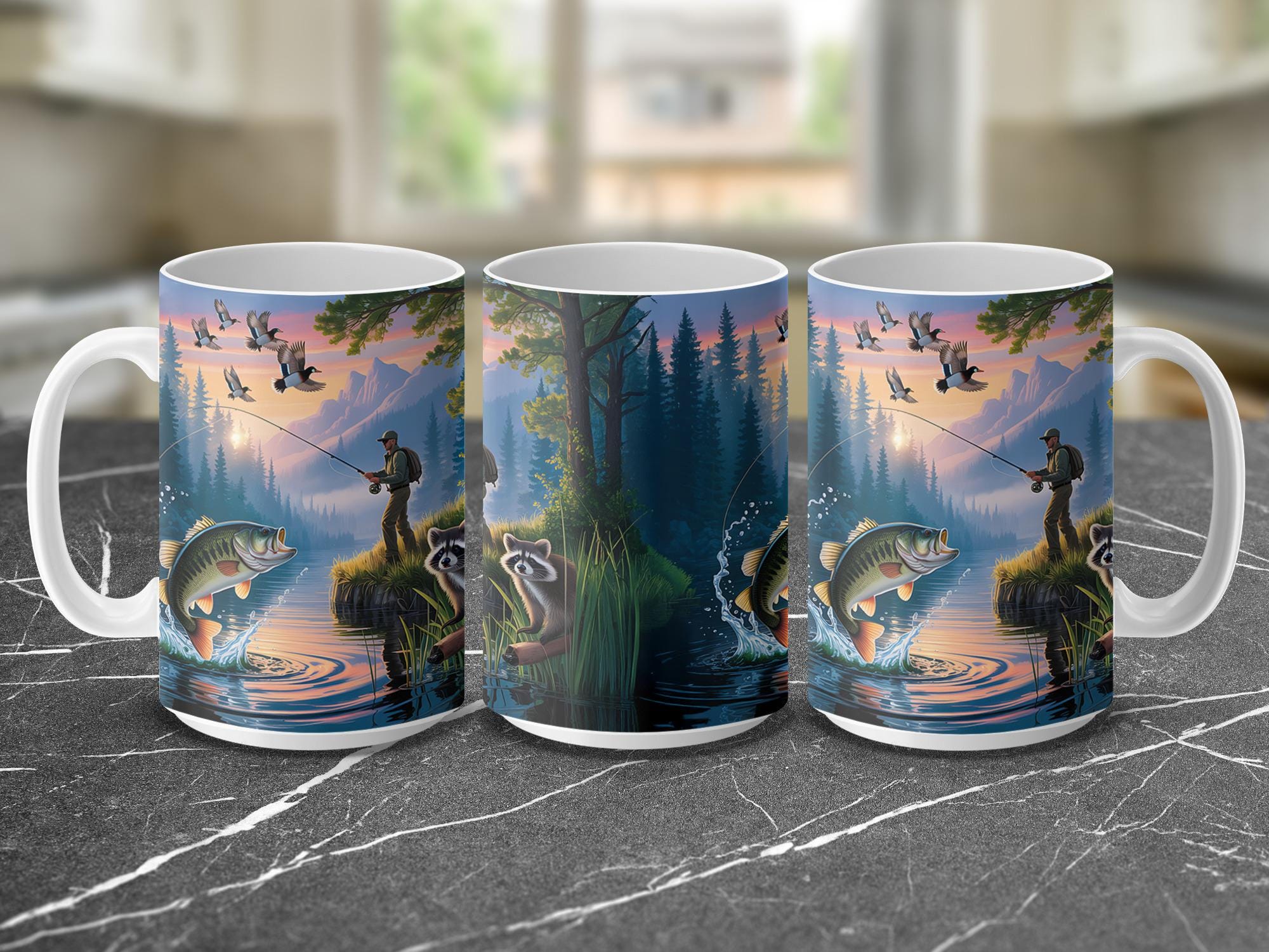 Bass Fishing Mug Wrap: Lake Scene Sublimation Design (Digital Download, 15oz PNG)