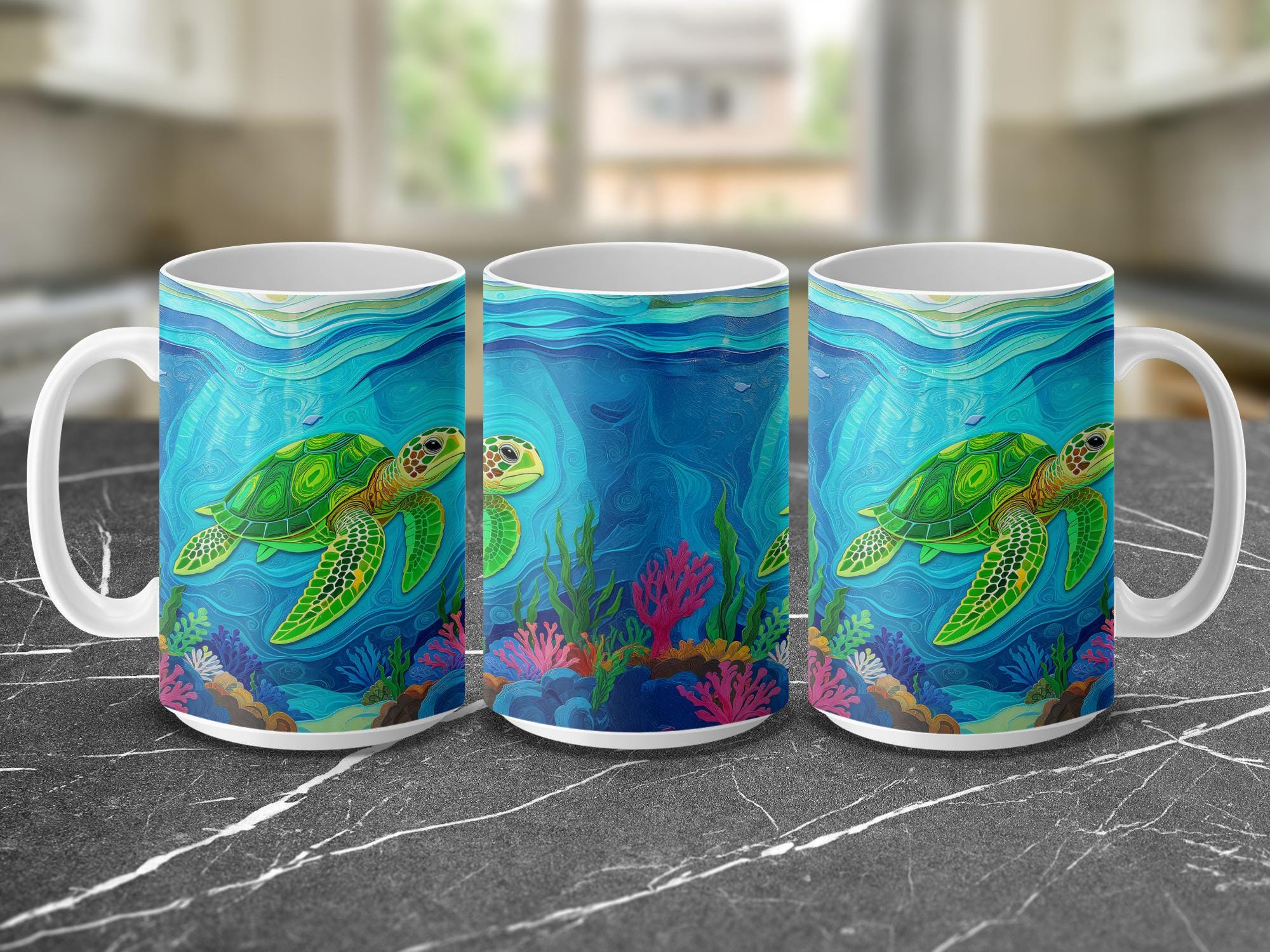 Sea Turtle Mug Wrap: Ocean Life Sublimation Design (Digital Download 15oz PNG File)