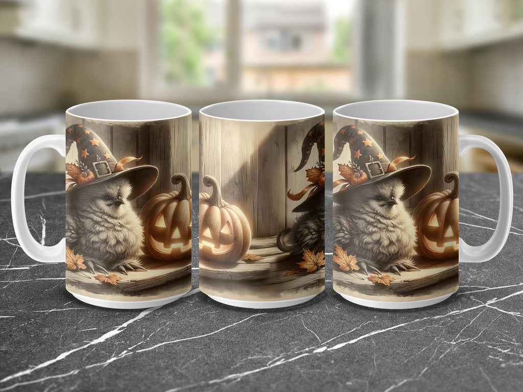 Halloween Chick Mug Wrap, 15oz Pumpkin Mug PNG, Spooky Sublimation Design, Witch Hat Art, Halloween Fall Wrap, Chicken Mug, Digital Download