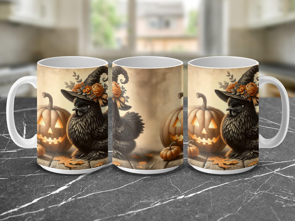 Halloween Chicken Mug Wrap: Silkie Witch, Pumpkin Design (Digital Download, 15oz Mug PNG File)
