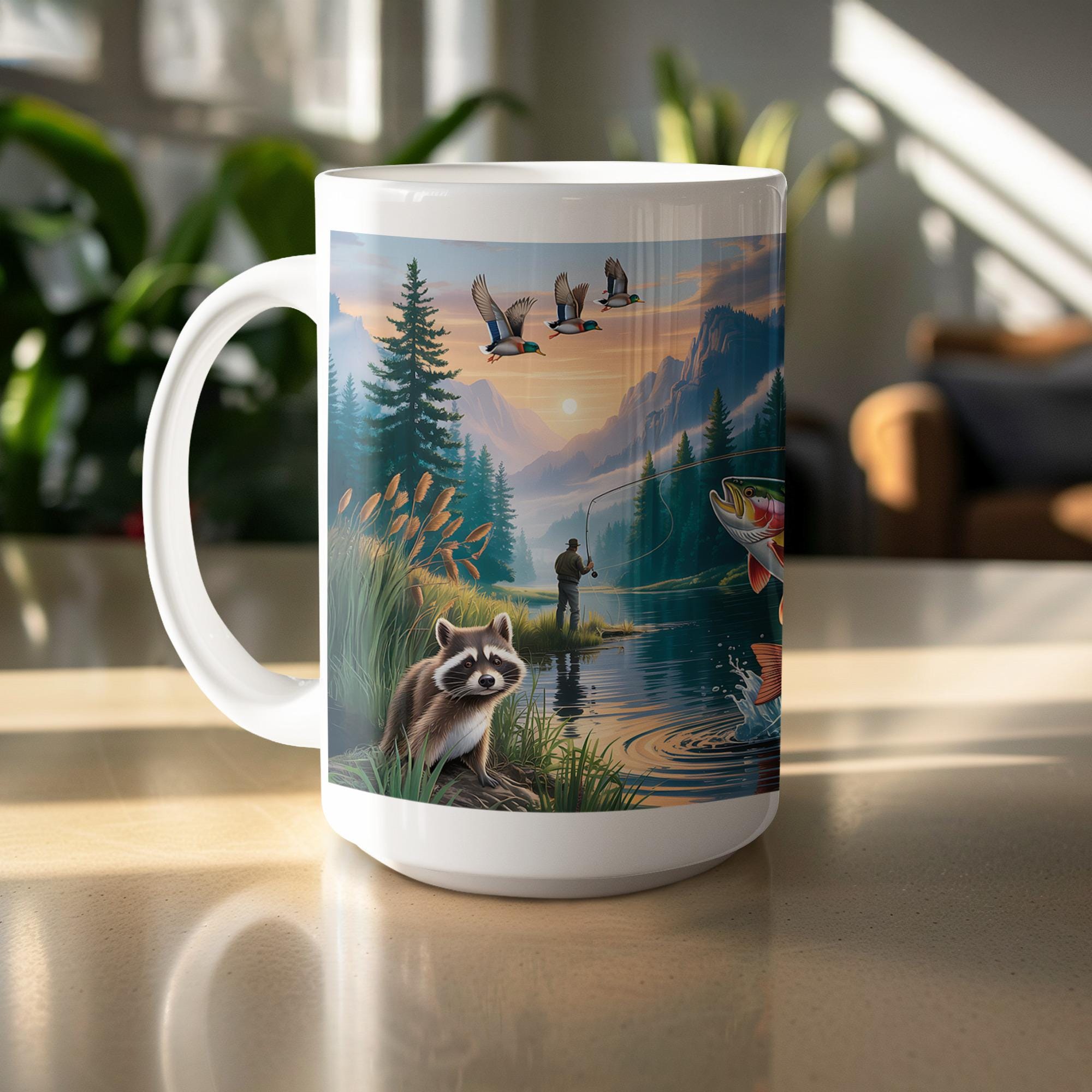 Rainbow Trout Fishing Mug Wrap: Raccoon Art Sublimation Design (Digital Download)