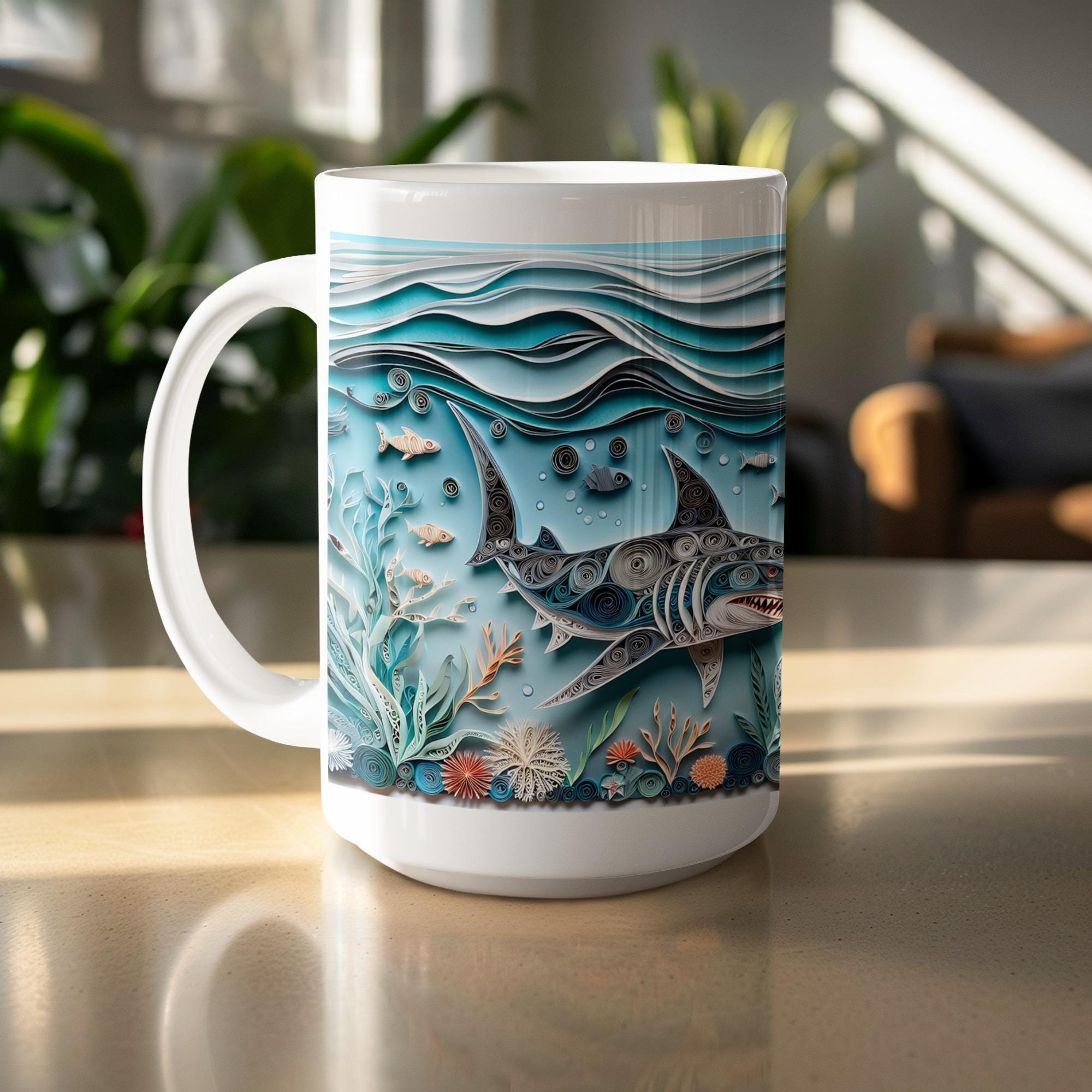 Shark Mug Wrap: Paper Quilling Ocean Design (Digital Download, 15oz Mug PNG)