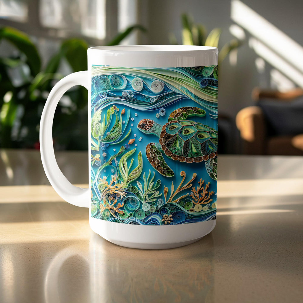 Sea Turtle Mug Wrap: Paper Quilling Ocean Design (Digital Download, 15oz Mug PNG File)