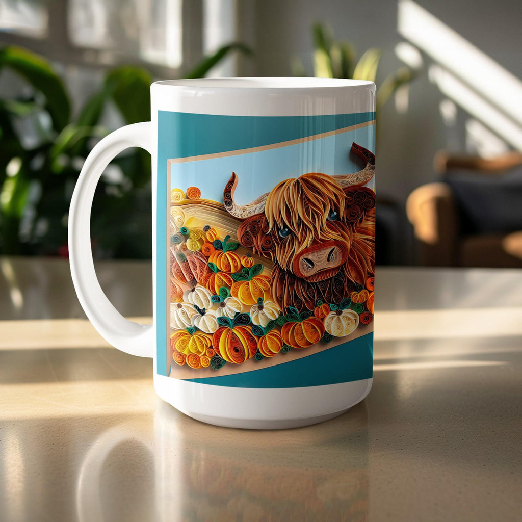 Highland Cow Mug Wrap: Paper Quilling Art, Autumn Pumpkin Design (Digital Download)