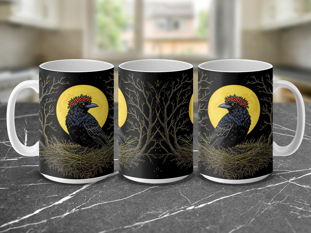 Raven Mug Wrap, 15oz Crow Mug, Berry Crown Sublimation Design, Gothic Bird Mug Wrap, Crow Nest Full Moon Mug Wrap, PNG