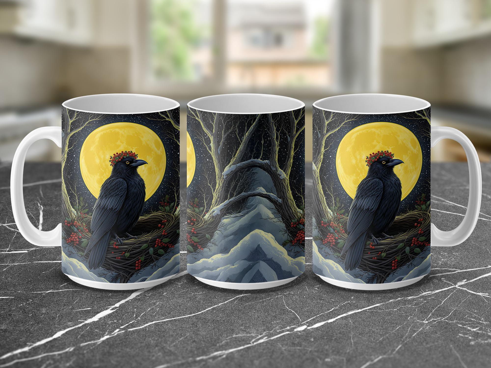 Raven Full Moon Mug Wrap: Winter Bird Sublimation Design (Digital Download)