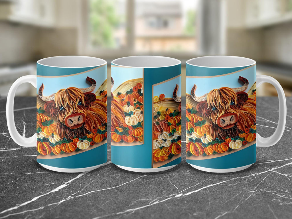 Highland Cow Mug Wrap: Paper Quilling Art, Autumn Pumpkin Design (Digital Download)