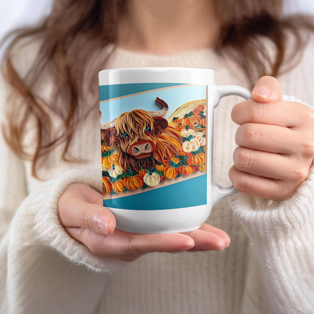 Highland Cow Mug Wrap: Paper Quilling Art, Autumn Pumpkin Design (Digital Download)