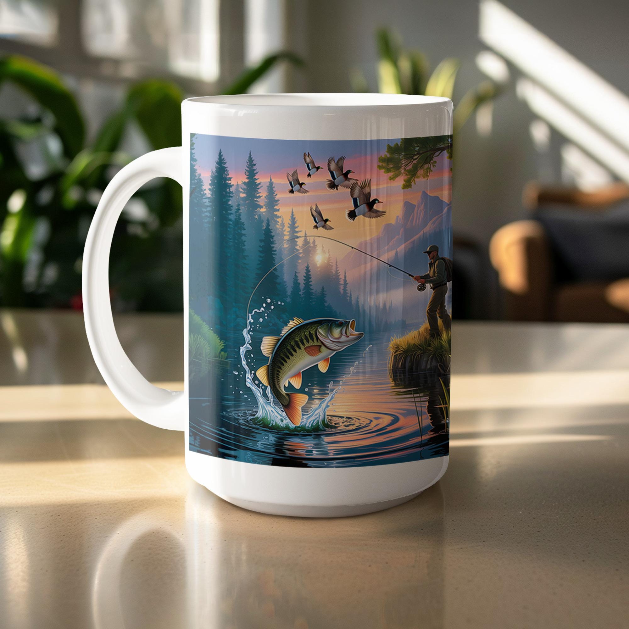 Bass Fishing Mug Wrap: Lake Scene Sublimation Design (Digital Download, 15oz PNG)