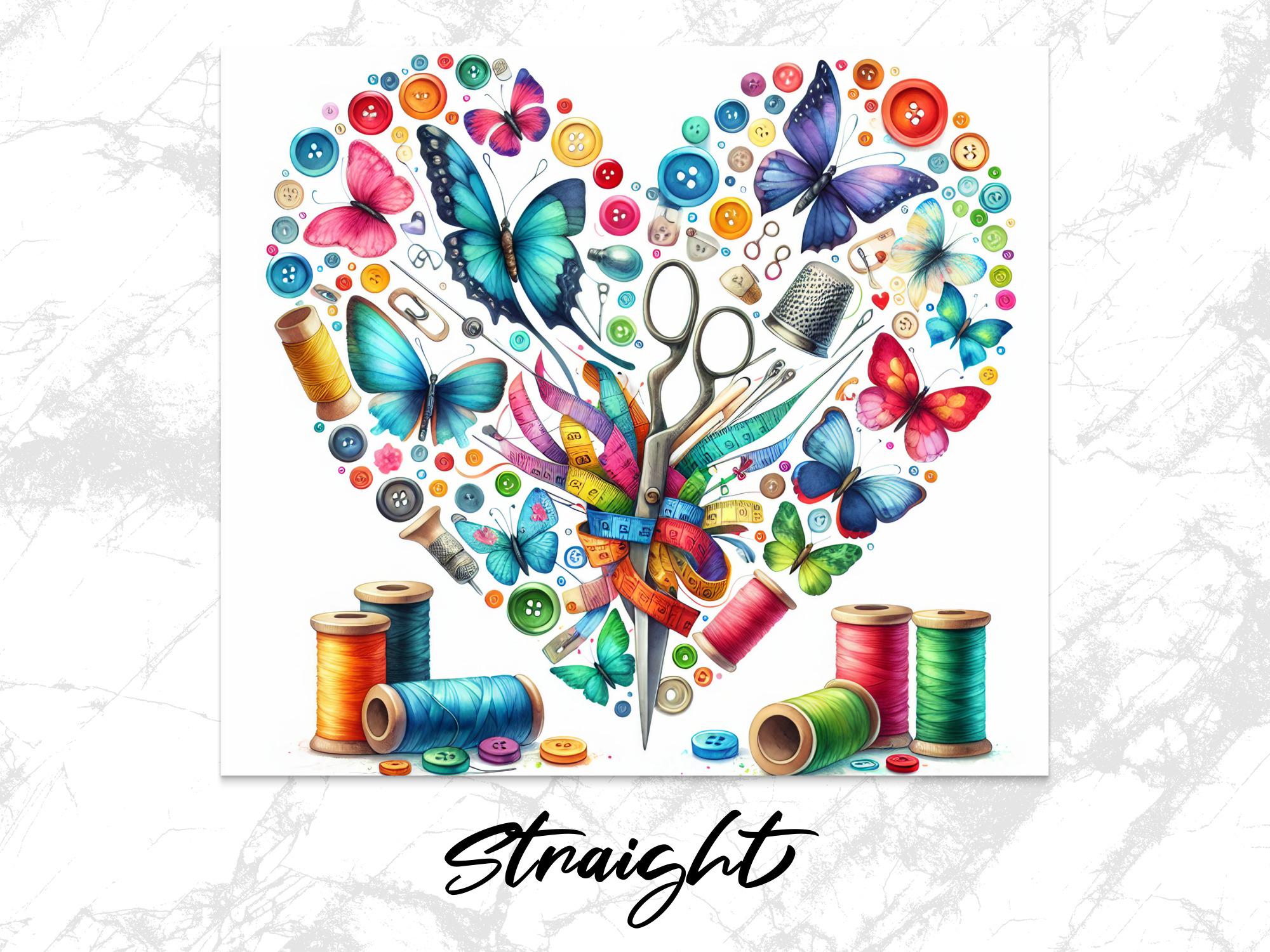 Butterfly Sewing Tumbler Wrap: Colorful Buttons, Spools PNG (Digital Download 20oz Skinny Tumbler Design)