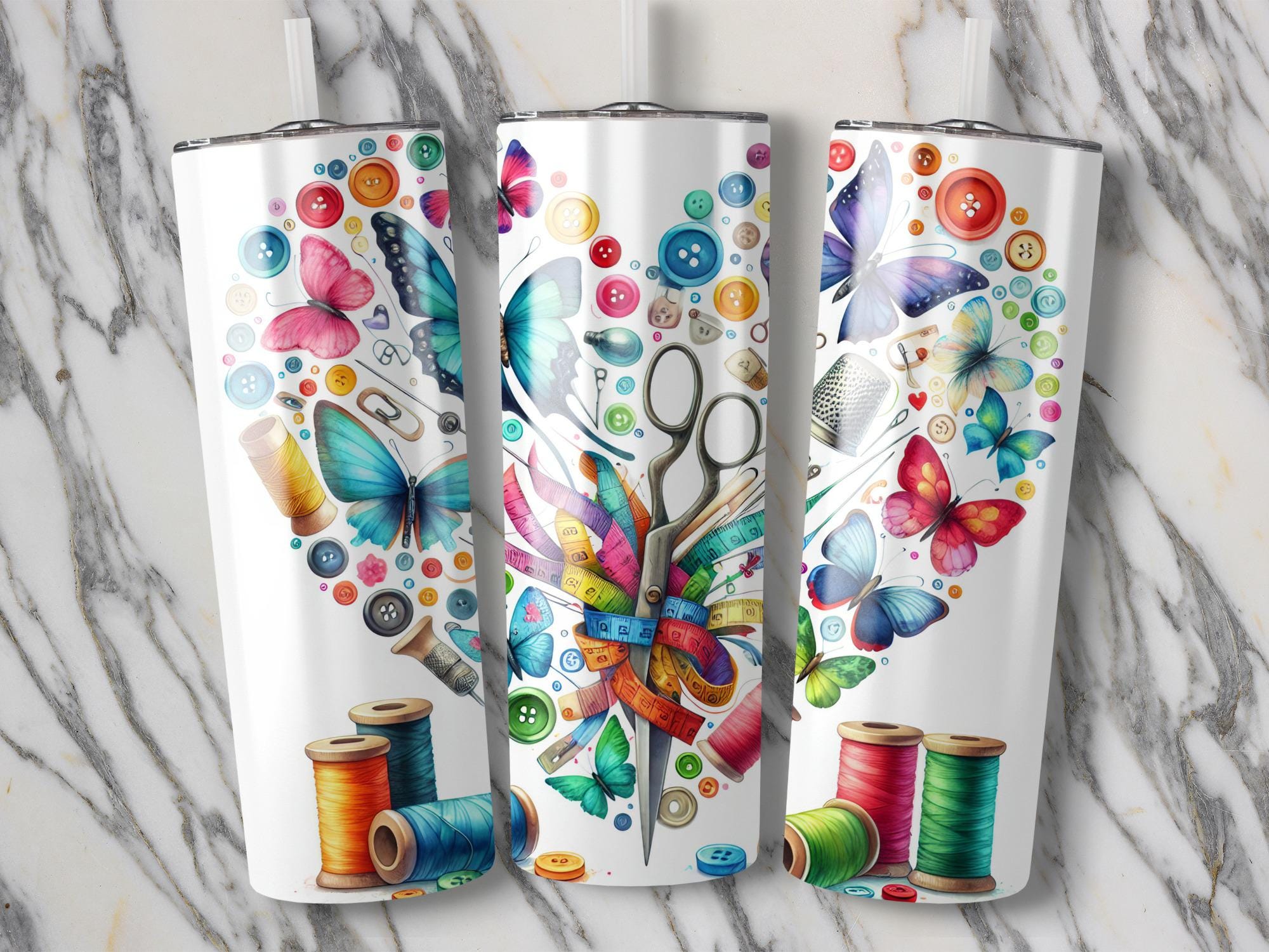 Butterfly Sewing Tumbler Wrap: Colorful Buttons, Spools PNG (Digital Download 20oz Skinny Tumbler Design)