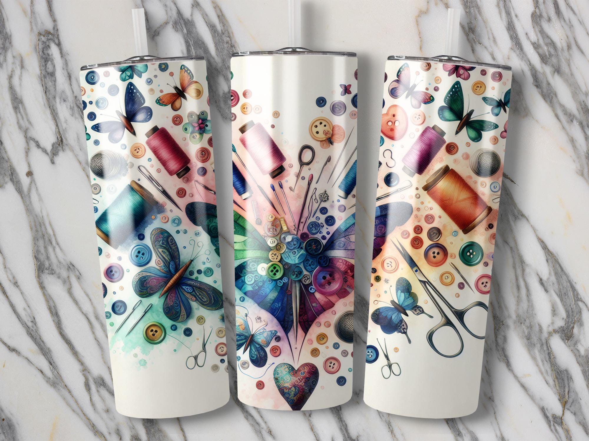 Butterfly Sewing Tumbler Wrap: 20oz Skinny Seamstress Design (Digital Download