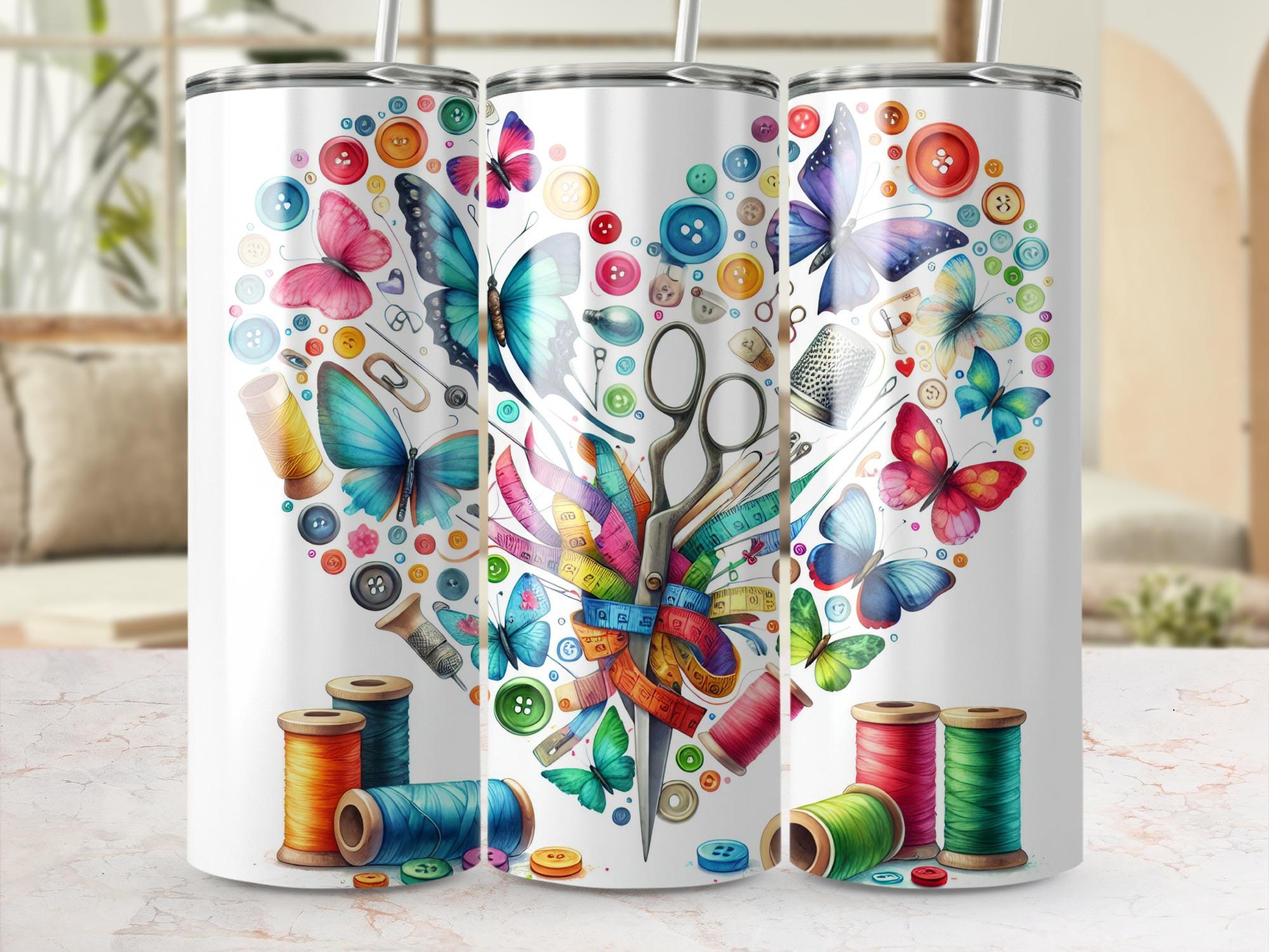 Butterfly Sewing Tumbler Wrap: Colorful Buttons, Spools PNG (Digital Download 20oz Skinny Tumbler Design)
