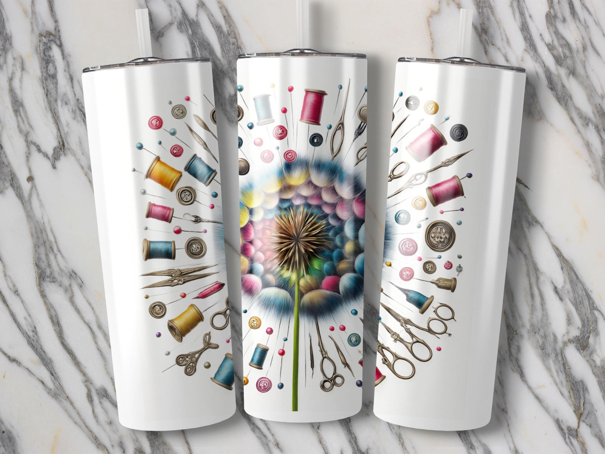 Sewing Dandelion Tumbler Wrap: Colorful PNG Design (Digital Download)