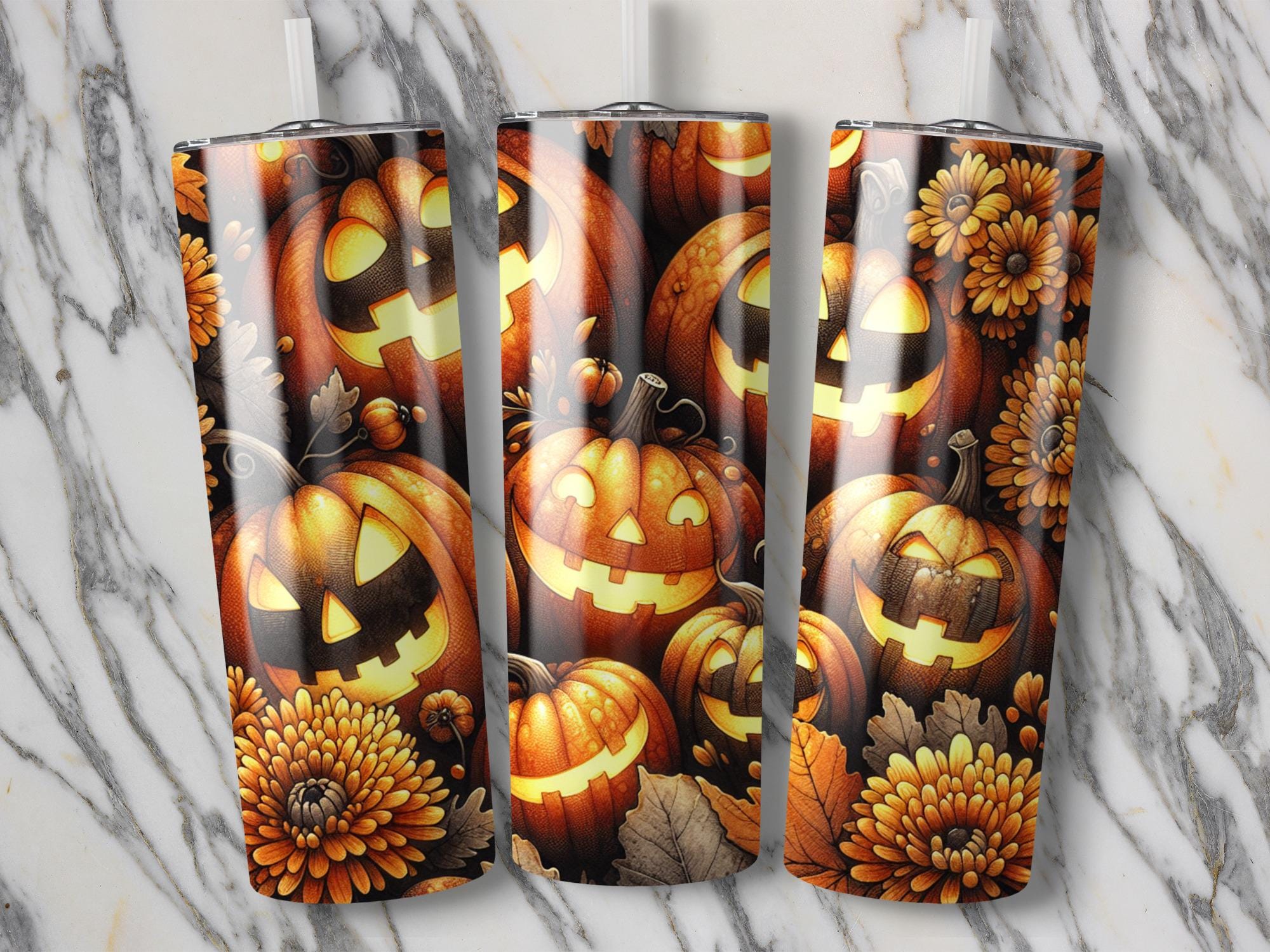 Jack O'Lantern Tumbler Wrap: Spooky Halloween Pumpkins Design (PNG Digital Download)