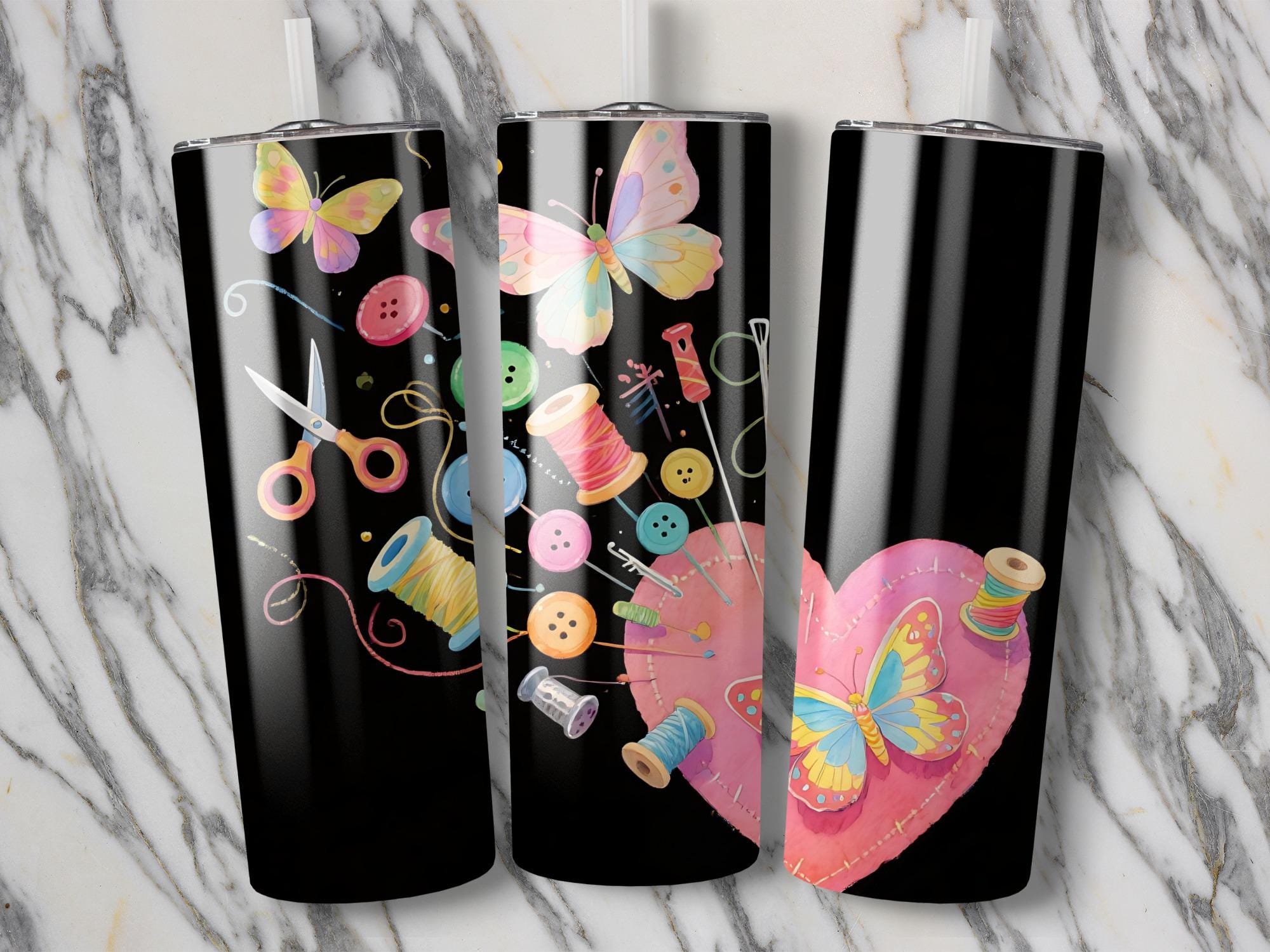 Butterfly Sewing Tumbler Wrap PNG: Craft Sublimation Art (Digital Download 20oz Tumbler, T-Shirt Design)