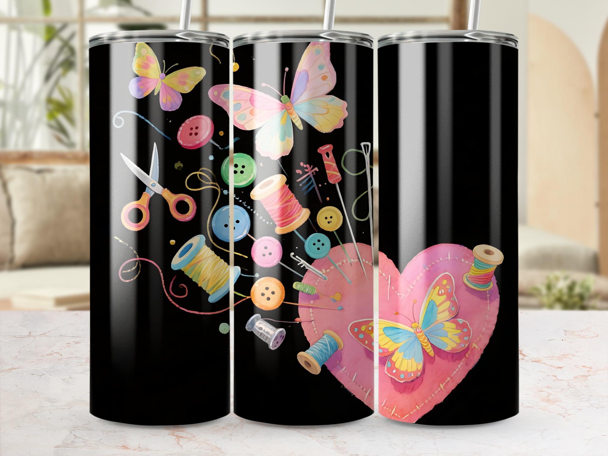 Butterfly Sewing Tumbler Wrap PNG: Craft Sublimation Art (Digital Download 20oz Tumbler, T-Shirt Design)