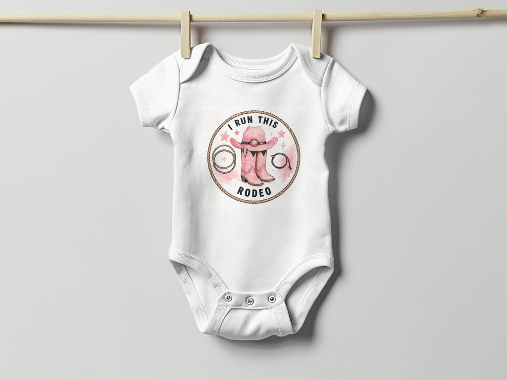 I Run This Rodeo T-Shirt: Pink Cowboy Boots & Hat - Baby Cowgirl Outfit