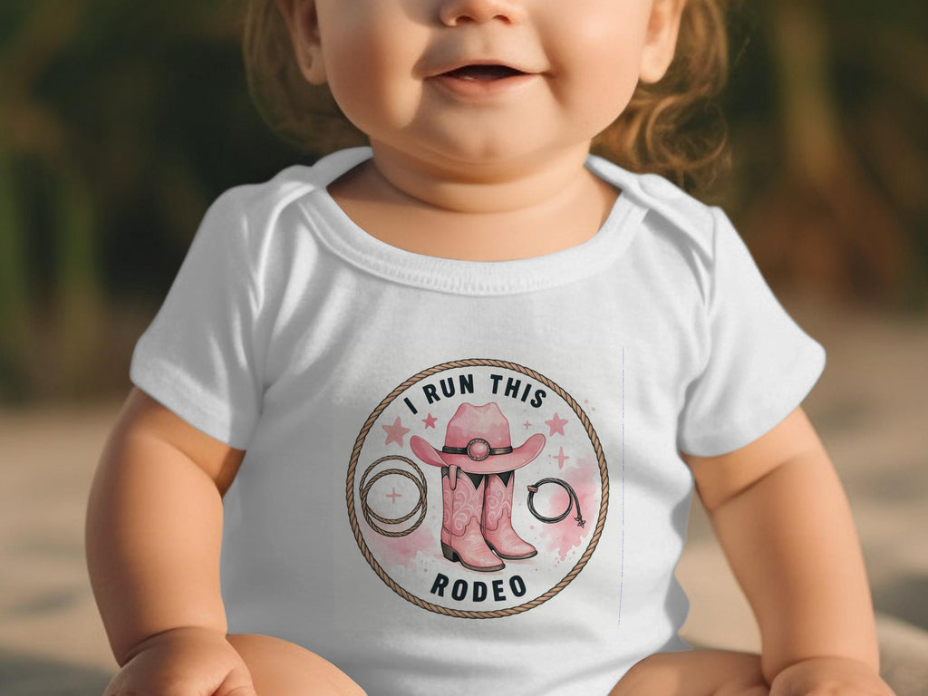 I Run This Rodeo T-Shirt: Pink Cowboy Boots & Hat - Baby Cowgirl Outfit