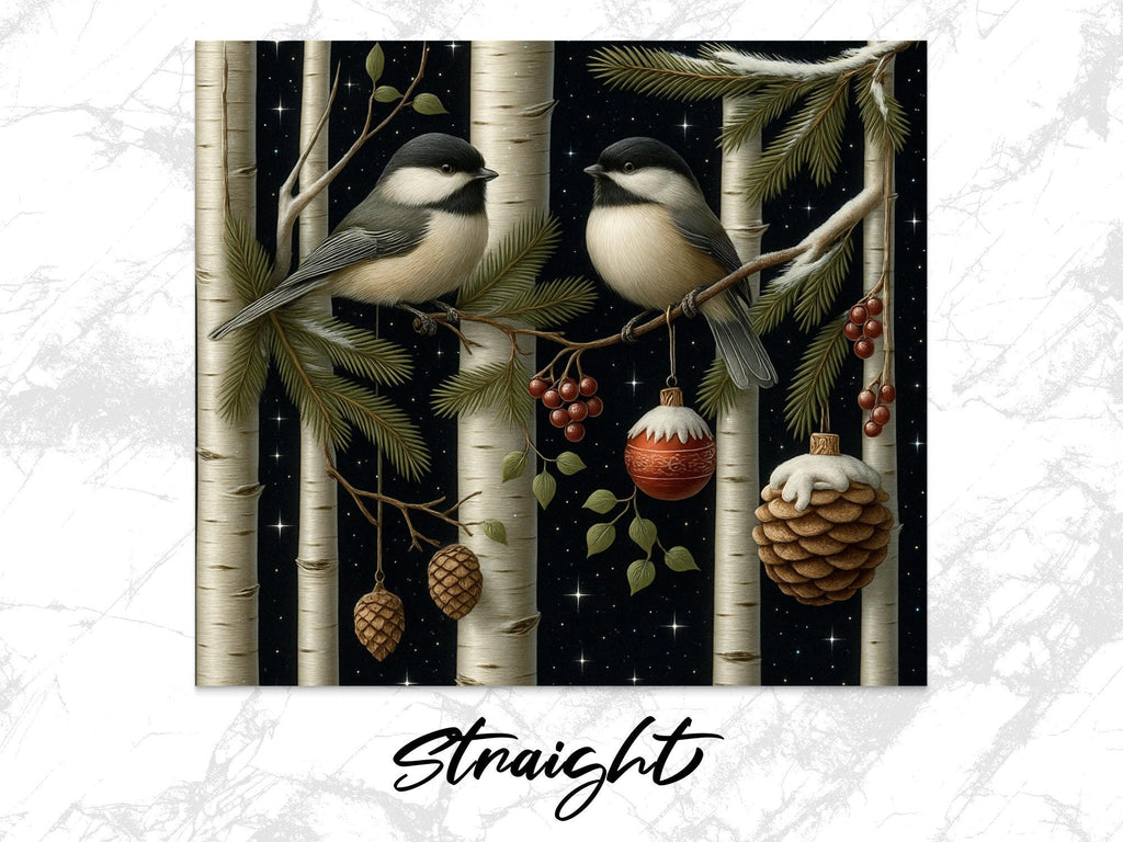 Winter Chickadee Tumbler Wrap: Birch Tree Starry Night (PNG Digital Download)