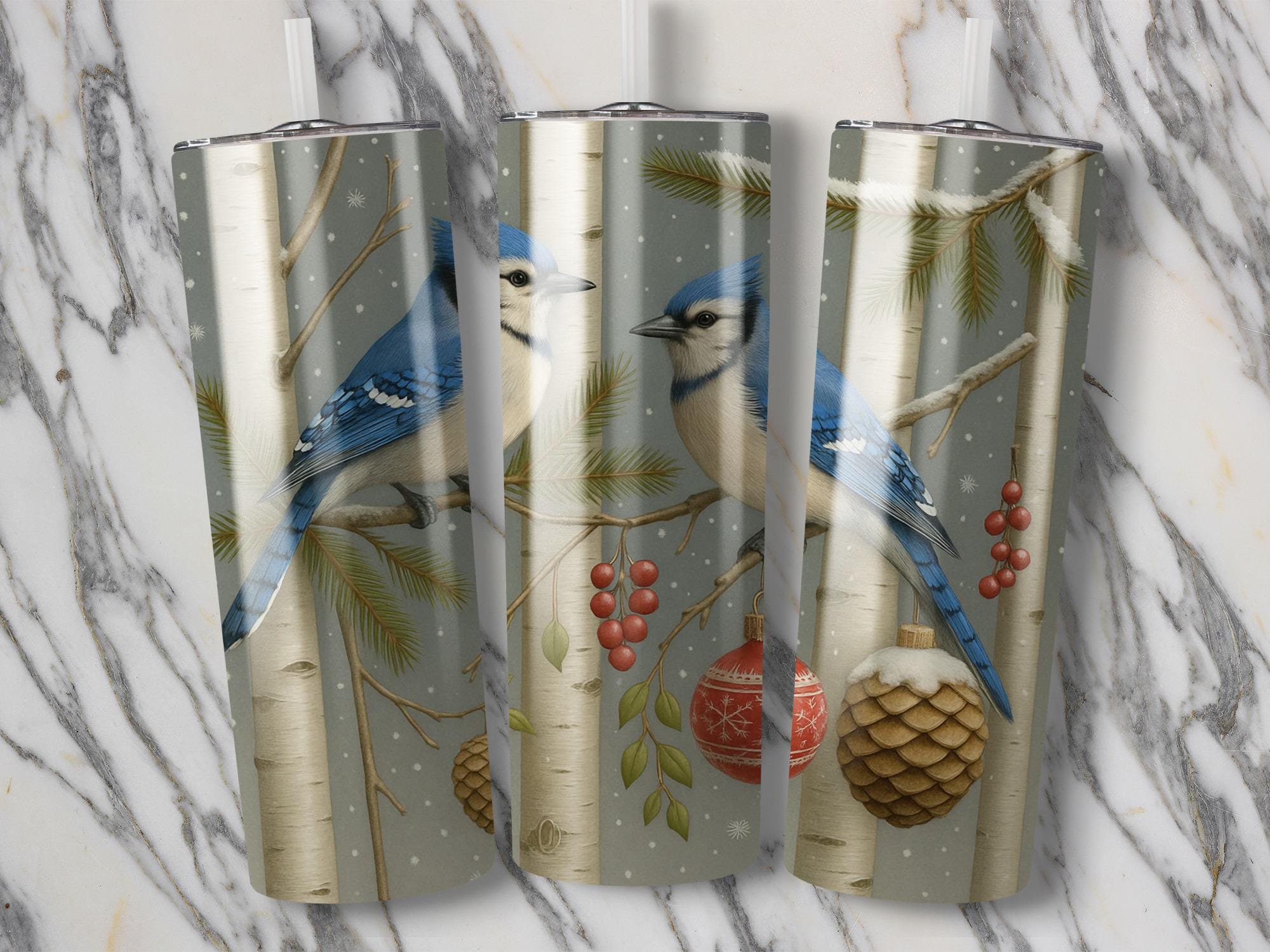 Blue Jay Tumbler Wrap: Winter Bird Birch Tree PNG (Digital Download 20oz Tumbler Design)