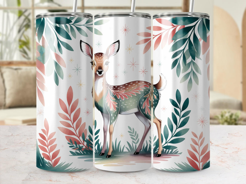 Watercolor Deer Tumbler Wrap: Floral 20oz Skinny Sublimation (PNG Digital Download)